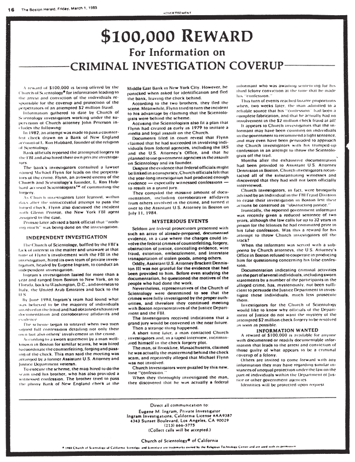 Scientology's Advertisement in The Boston Herald 03-01-1985