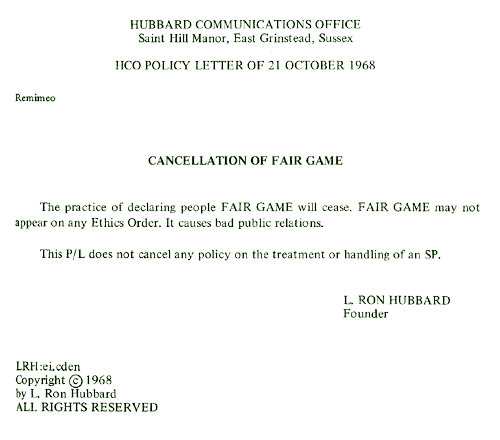 HCO PL 21 October 1968 Cancellation of Fair Game © 1968 L. Ron Hubbard